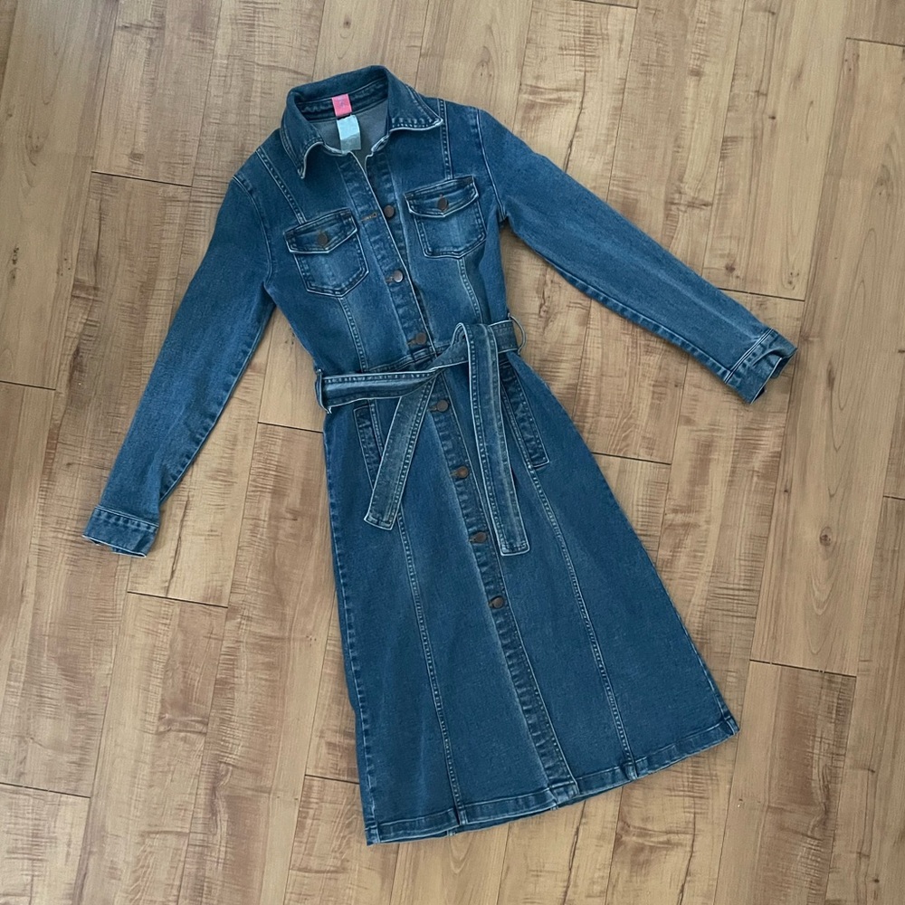 Vintage Stretch Denim Button-Up Belted Coat